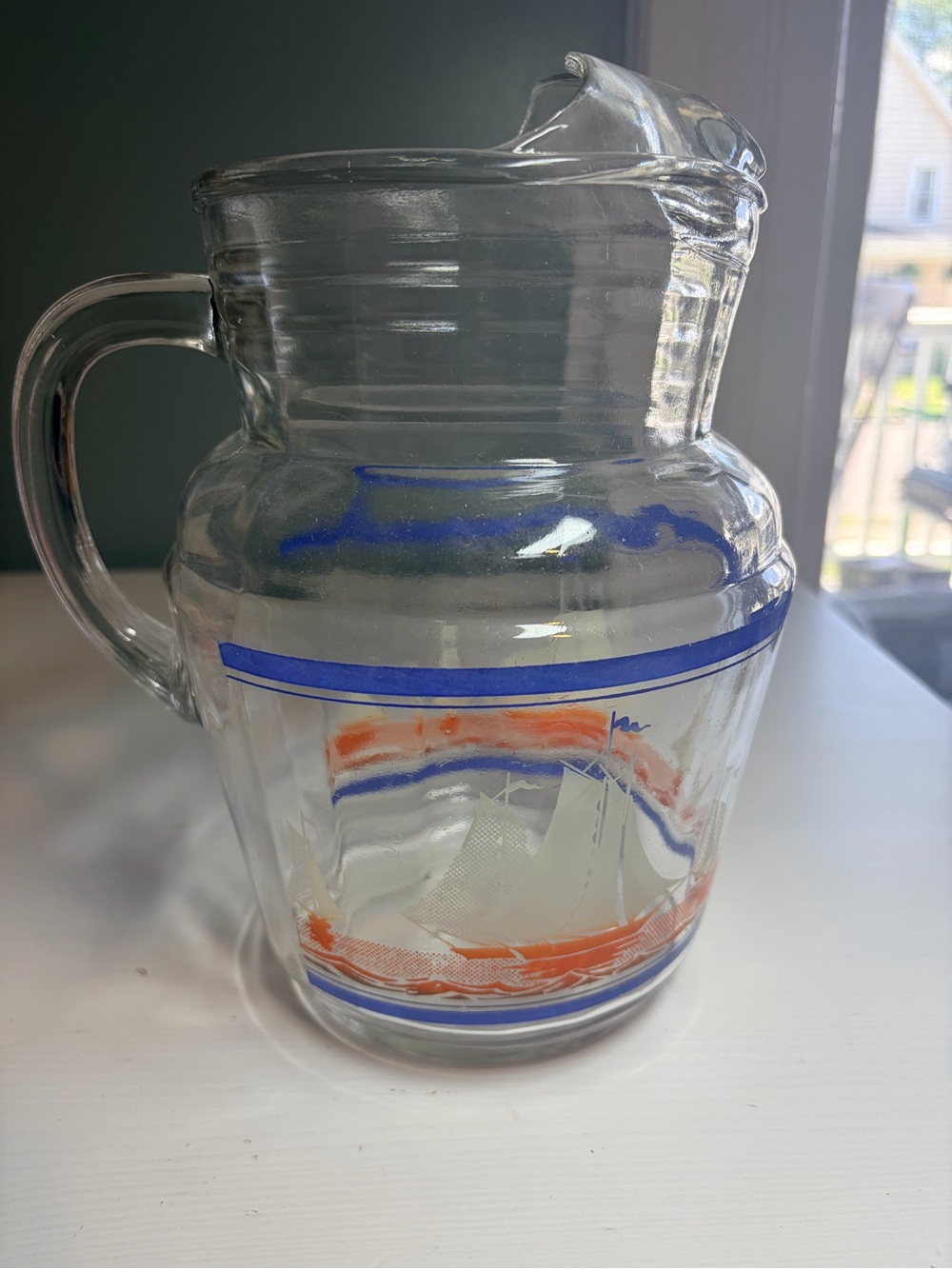 Vintage Hazel Atlas Glass Blue & Orange Sailboat Pitcher